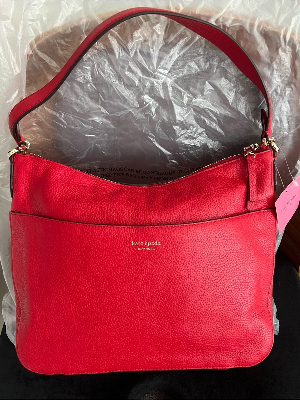 kate spade Red Pebbled Leather Shoulder Bag with Gold Accent